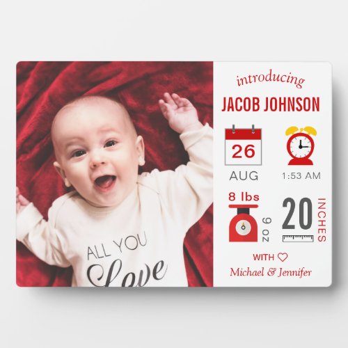 Modern Red Infographic Photo Birth Announcement Plaque