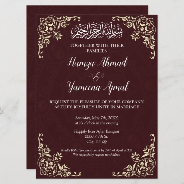 Modern Red Islamic Muslim Wedding Invitation (Front/Back)