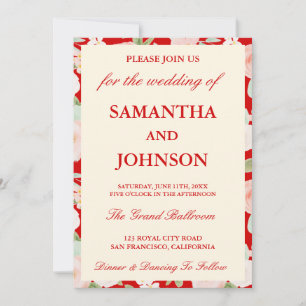 Modern Red Ivory Floral Monogram Photo Wedding Invitation