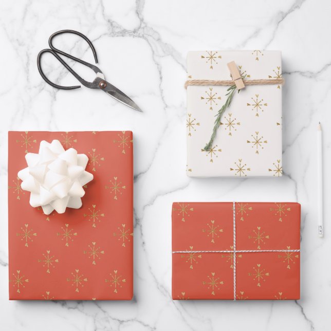 Modern Red Ivory | Gold Snowflake Christmas  Wrapping Paper Sheets (Front)