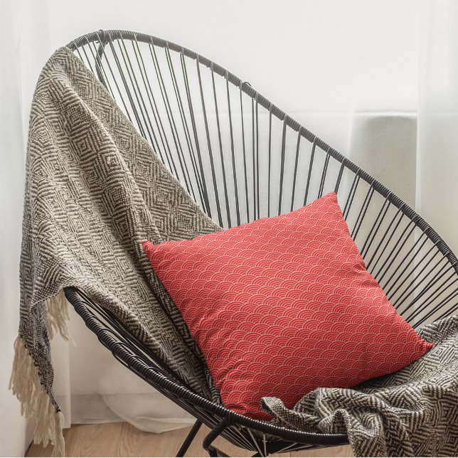 Modern Red Japanese Wave Geometric Pattern Throw Pillow (Creator Uploaded)
