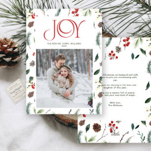 Modern Red Joy Berry Botanical Photo Mr & Mrs Holiday Card