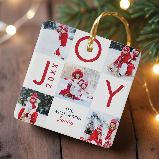 Modern Red Joy Checkerboard Family Photo Collage Ceramic Ornament (Modern Red Joy Checkerboard Family Photo Collage Ceramic Ornament)