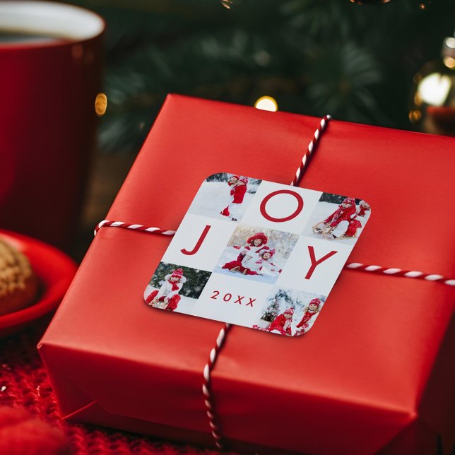 Modern Red Joy Checkerboard Family Photo Collage Square Sticker (Modern Red Joy Checkerboard Family Photo Collage Square Sticker)