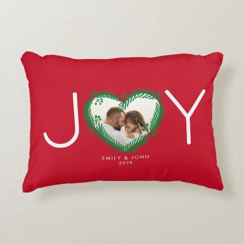 Modern Red Joy Christmas Heart Wreath Photo Gift Accent Pillow