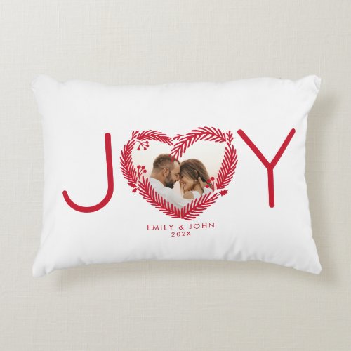 Modern Red Joy Christmas Heart Wreath Photo Gift Accent Pillow