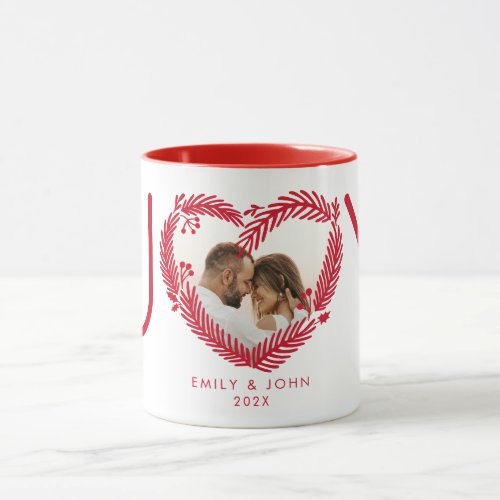 Modern Red Joy Christmas Heart Wreath Photo Gift Mug