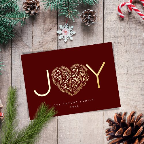 Modern Red Joy Joyful Christmas Heart Pine Wreath  Foil Holiday Card