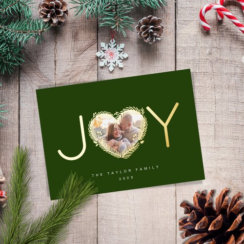 Modern Red Joy Joyful Christmas Heart Wreath Photo Foil Holiday Card