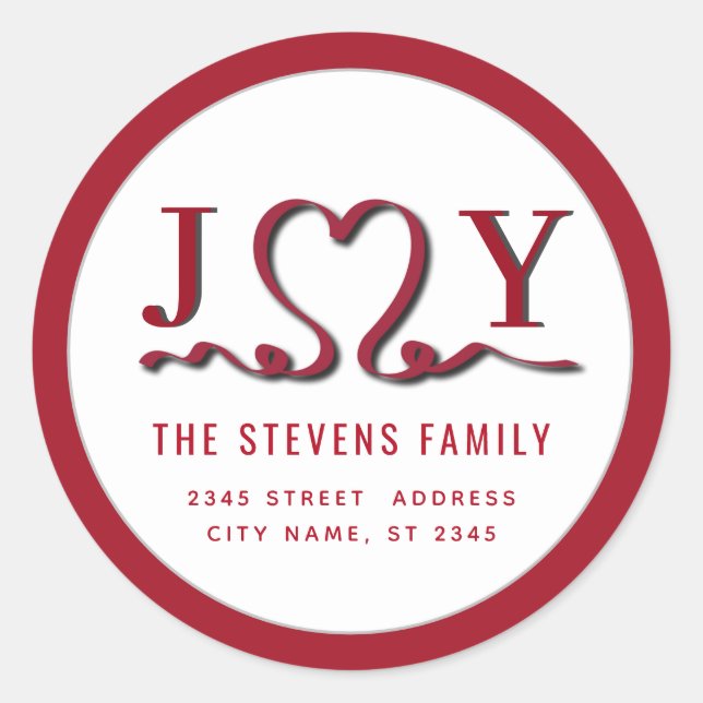 Modern red JOY ribbon heart  Classic Round Sticker (Front)