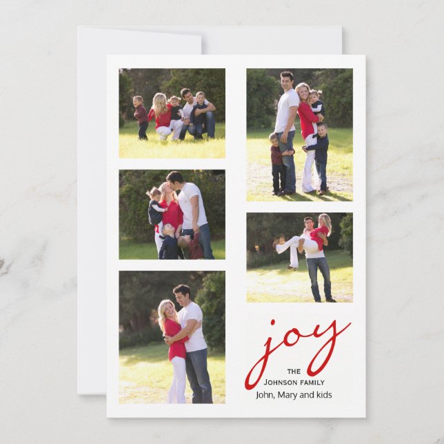 Modern red joy, stripes photo collage Christmas Holiday Card (Front)