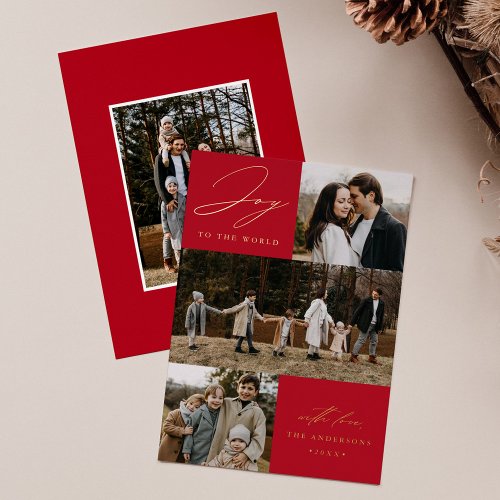 Modern Red Joy to the World 4 Photo Foil Holiday Card