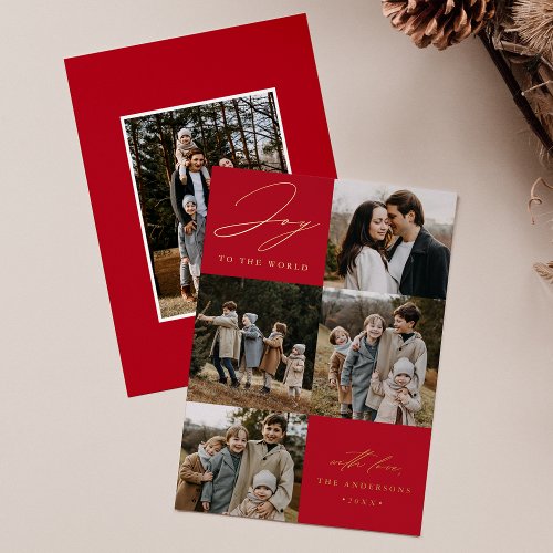 Modern Red Joy to the World 5 Photo Foil Holiday Card