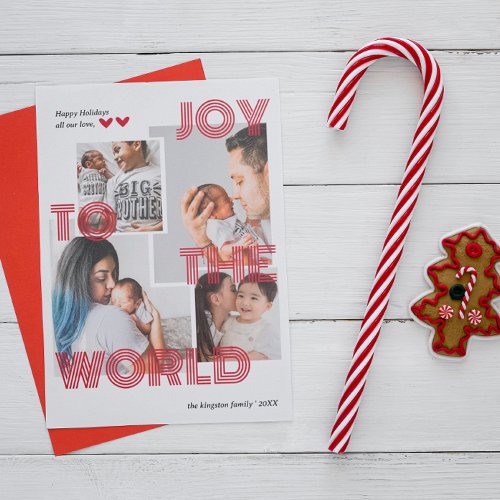 Modern Red Joy To The World Overlay Photo Collage Holiday Card
