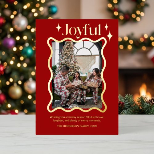 Modern Red Joyful Foil Family Photo Holiday Card