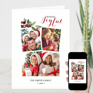 Modern Red JOYFUL Red Berry Greenery Photo Chic Holiday Card