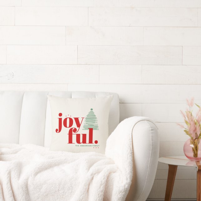 Modern Red Joyful Typography Christmas Tree  Throw Pillow (Couch)