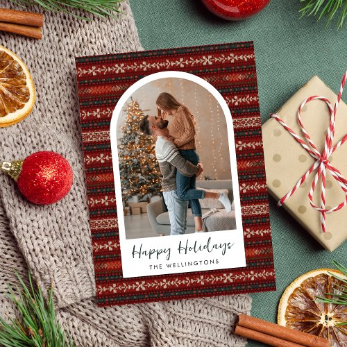 Modern Red Knitted Christmas Sweater Arch Photo Holiday Card