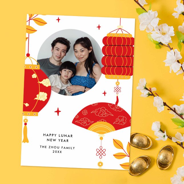 Modern Red Lanterns Lunar Chinese New Year Photo Holiday Card (modern red lanterns Chinese/Lunar New Year photo card)
