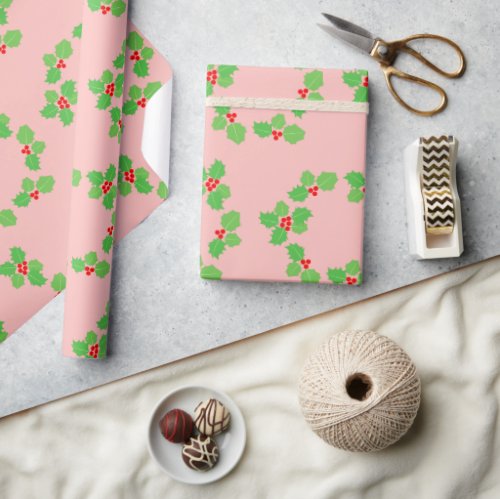 Modern Red Leaf Green Pastel Light Pink Christmas  Wrapping Paper