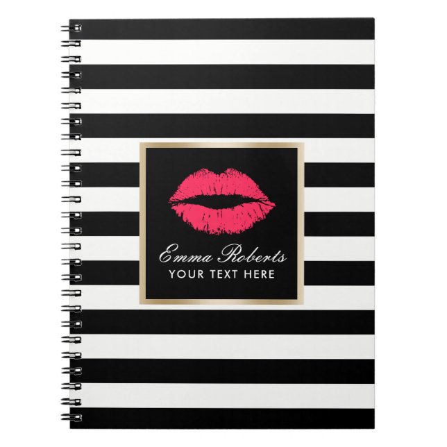 Modern Red Lips Elegant Black & White Stripes Notebook (Front)