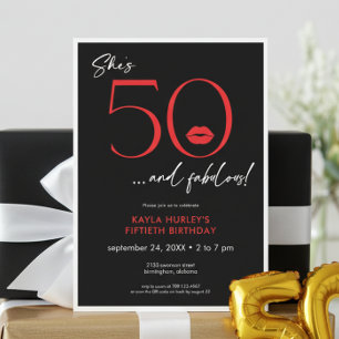 Modern Red Lips Fifty Fabulous Birthday Invitation
