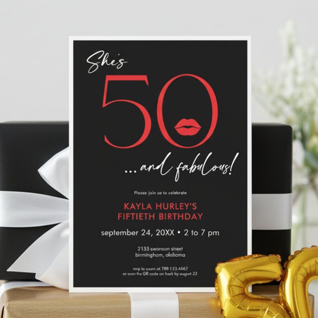 Modern Red Lips Fifty Fabulous Birthday Invitation (Creator Uploaded)