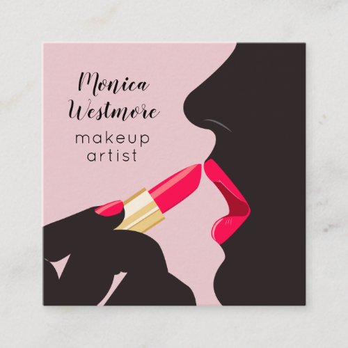 Modern red lips lipstick blush pink makeup artist square business card