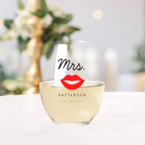 Modern Red Lips Mrs Wedding Stemless Wine Glass