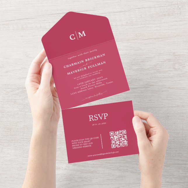 Modern Red Magenta Monogram QR Code RSVP  Wedding All In One Invitation (Tearaway)