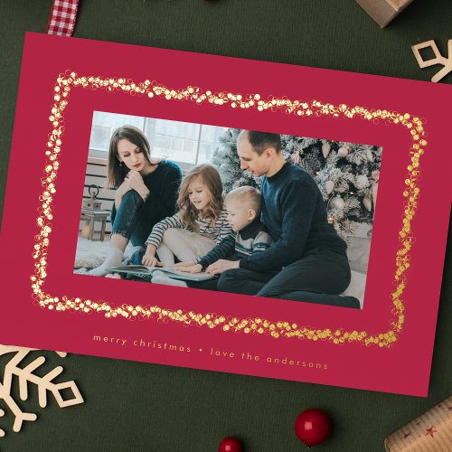 modern red magenta photo christmas frame foil holiday card