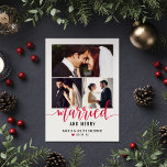 Modern Red Married and Merry Wedding Photo Collage Holiday Card<br><div class="desc">Stylish "Married and Merry" holiday photo card for newlyweds features a photo collage of photos from the wedding day, red and black custom text that can be personalized with names and wedding date. Includes a custom red heart accent. An additional photo and thank you message appear on the back side...</div>