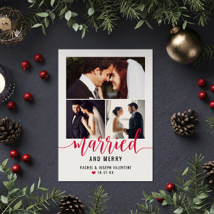 Modern Red Married and Merry Wedding Photo Collage Holiday Card