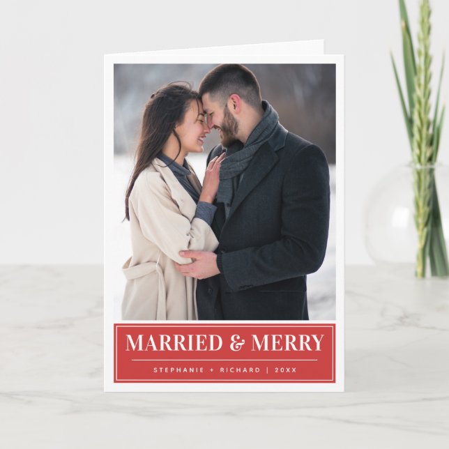Modern Red Married & Merry Christmas Photo Holiday Card (Front)