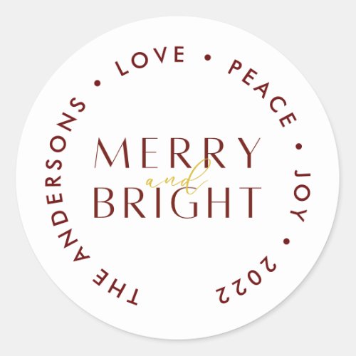 Modern Red Merry and Bright Christmas Family Classic Round Sticker
