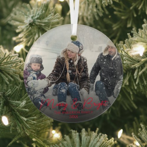 Modern Red Merry  Bright Calligraphy Family Photo Glass Ornament