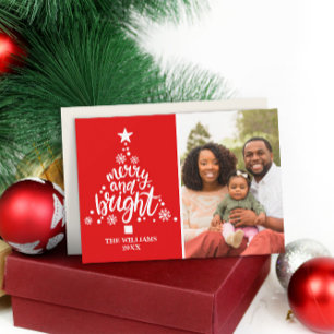Modern Red Merry & Bright Custom Photo Christmas Holiday Card