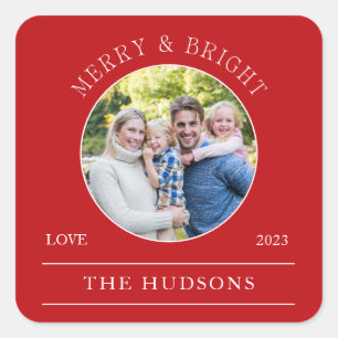 Modern Red Merry & Bright Round Photo Square Sticker