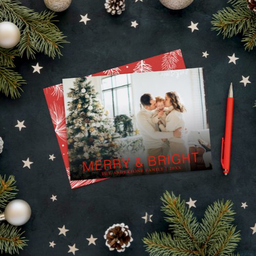 Modern Red Merry  Bright Stylish Christmas Photo Holiday Card