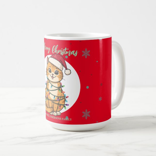 Modern red merry cat snowflake Christmas kitten Coffee Mug (Front Right)