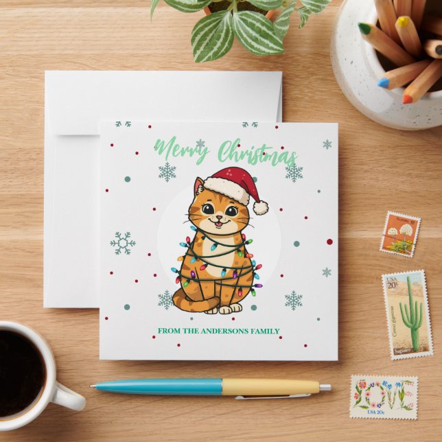 Modern red merry cat snowflake Christmas kitten Envelope (Desk)