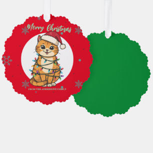Modern red merry cat snowflake Christmas kitten Ornament Card