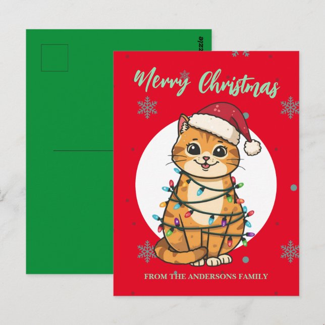 Modern red merry cat snowflake Christmas kitten Postcard (Front/Back)