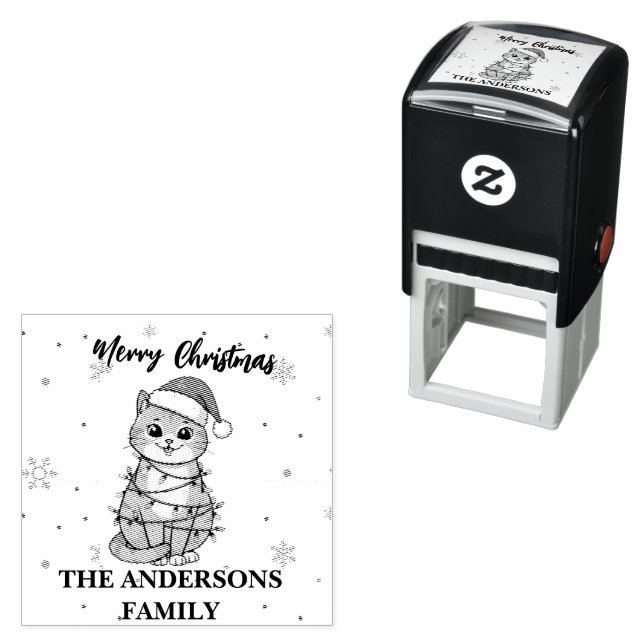 Modern red merry cat snowflake Christmas kitten Self-inking Stamp (In Situ)