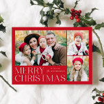 Modern Red Merry Christmas 4 Photo Collage Holiday Card<br><div class="desc">Simple and elegant holiday card featuring a 3 photo collage on the front with "Merry Christmas" displayed in white modern lettering on a red background. Personalize the front of the card by adding your photos and name. The card reverses to display the fourth photo with a white snowflake pattern. The...</div>