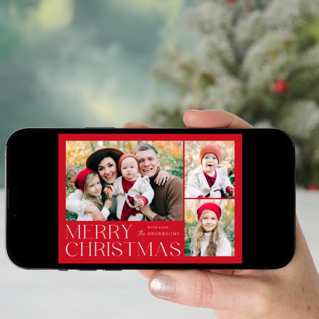 Modern Red Merry Christmas 4 Photo Collage Holiday Card (Front Digital)