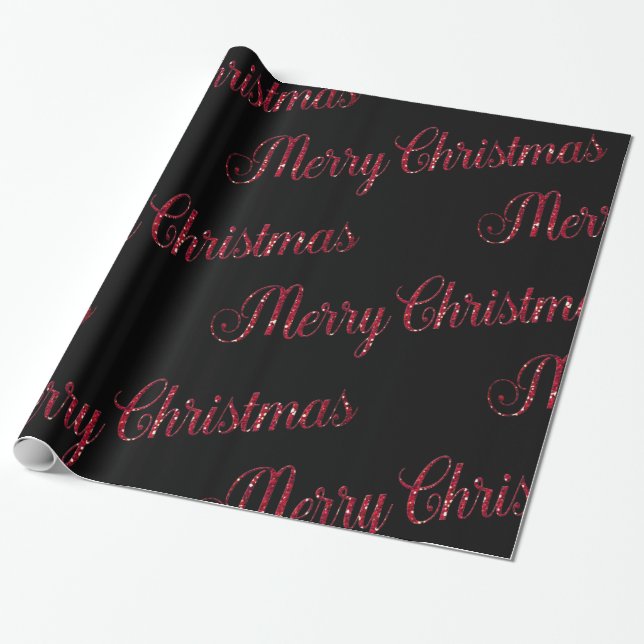 Modern Red Merry Christmas Black Wrapping Paper (Unrolled)