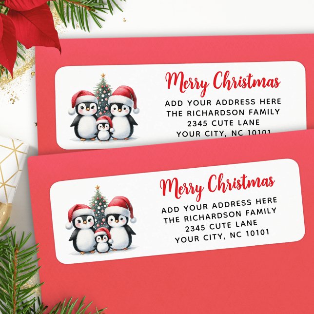 Modern Red Merry Christmas Cute Penguins Family Label (Creator Uploaded)