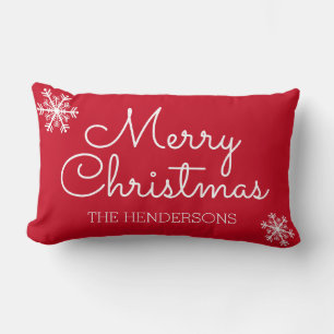 Modern Red Merry Christmas Family Name Snowflake Lumbar Pillow