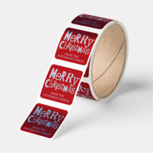 Modern Red Merry Christmas Family Name Square Sticker